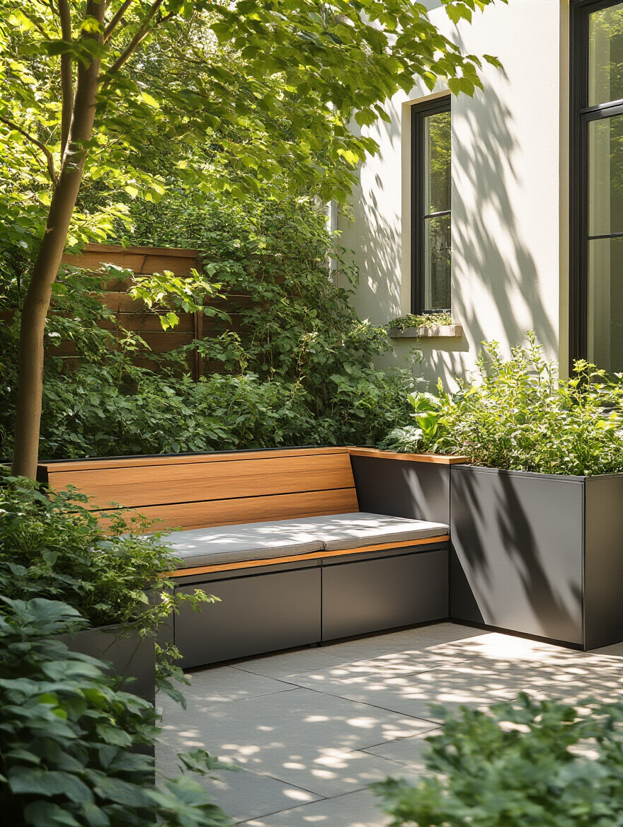 Vertical shot of a modern deck with a hidden-storage bench and planters