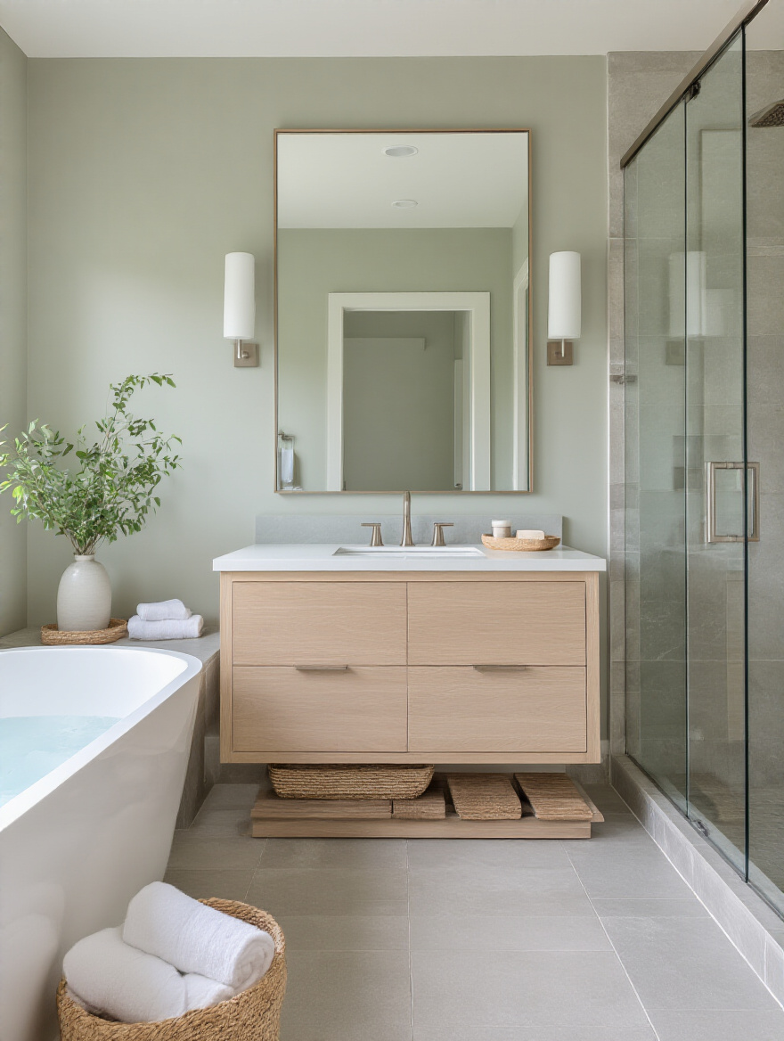 Spa-like bathroom with light oak vanity, freestanding tub, matte grey tiles, sage walls, brushed nickel fixtures, and woven basket