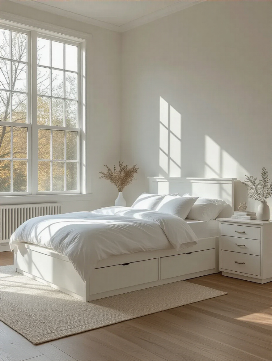 Crisp white furniture in a bright, spacious white bedroom with seamless design and natural light