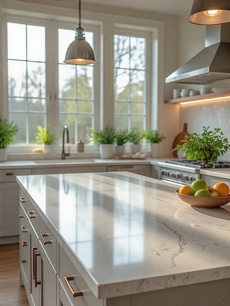 Modern kitchen featuring a durable and stylish quartz countertop with harmonious cabinetry and backsplash under natural daylight