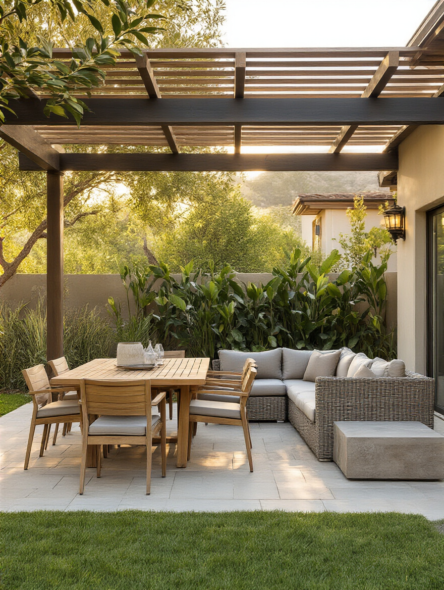 Vertical backyard scene with anchored dining and lounging furniture in teak, aluminum, and HDPE finishes under a pergola