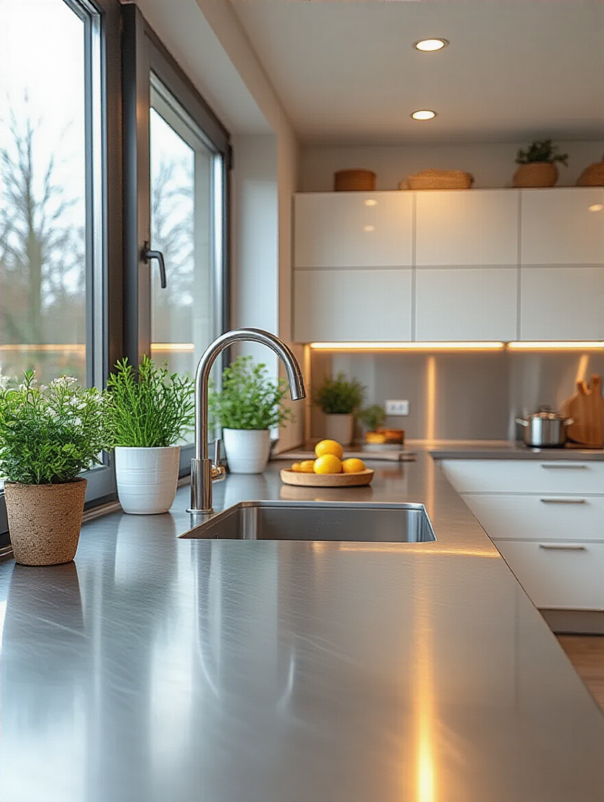 Portrait of a modern kitchen featuring hygienic stainless steel countertops with an integrated sink.