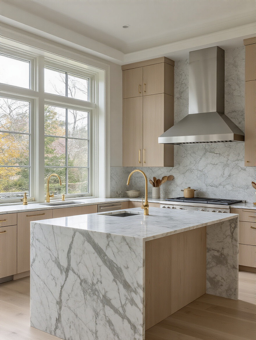 Vertical modern kitchen with a luxurious marble island showing dramatic veining and polished surface, soft daylight