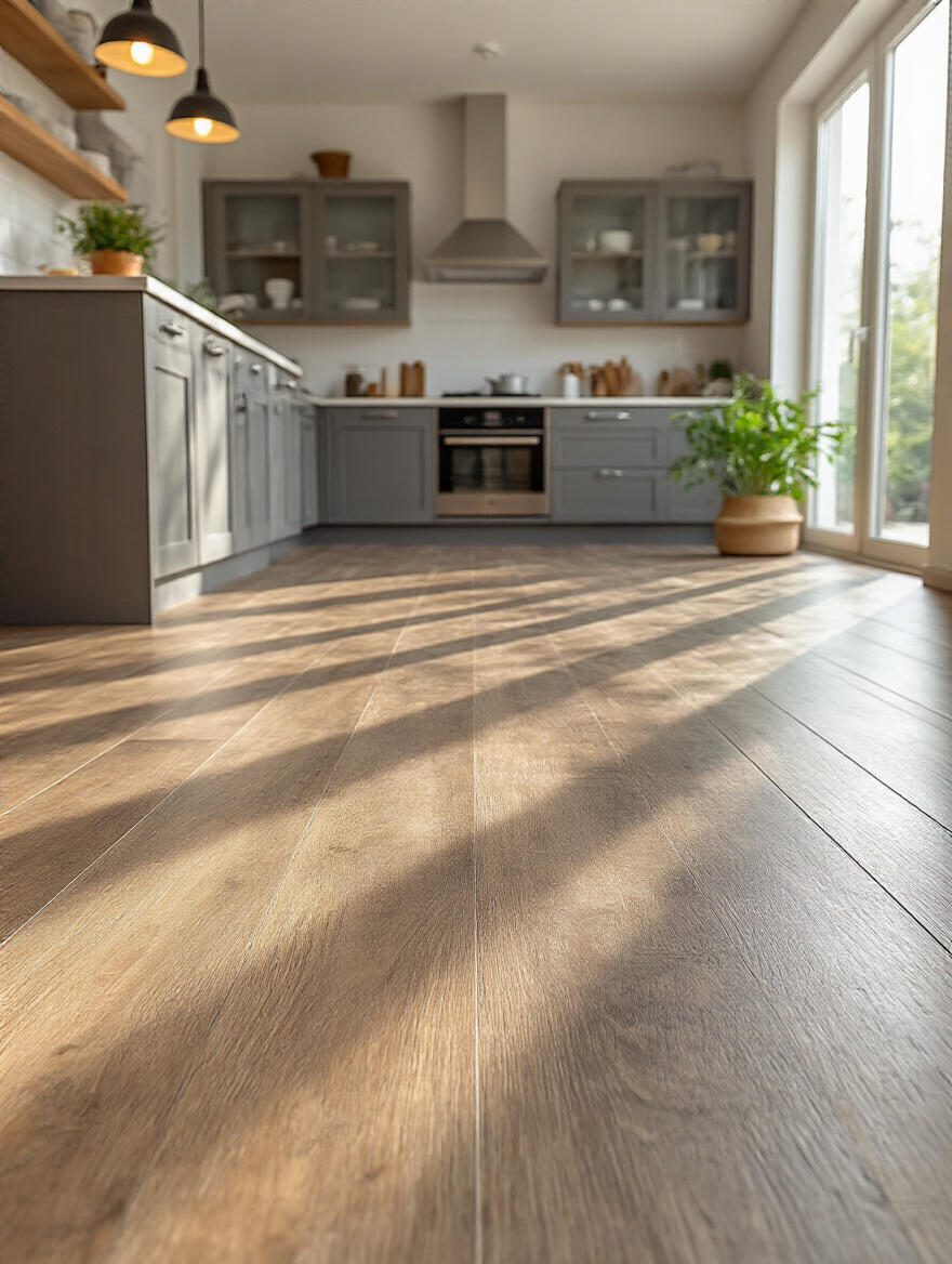 Modern kitchen with durable resilient flooring that is waterproof and designed for high traffic and spills