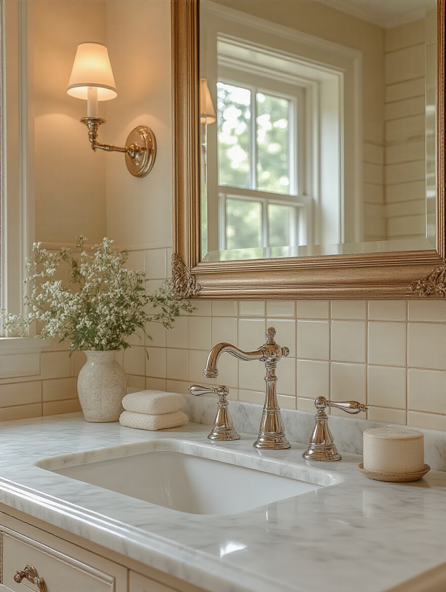 Portrait-style bathroom scene featuring a vintage-inspired faucet on a marble sink with a clawfoot tub in the background.