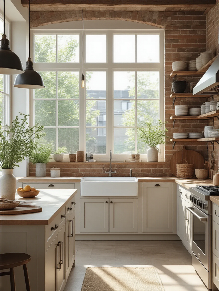 Cohesive kitchen design style showcasing Modern, Farmhouse, or Industrial Chic elements in a well-lit, stylish kitchen interior