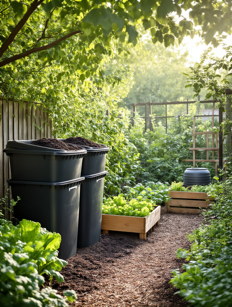 Vertical photo of a backyard composting station with bins and surrounding garden beds