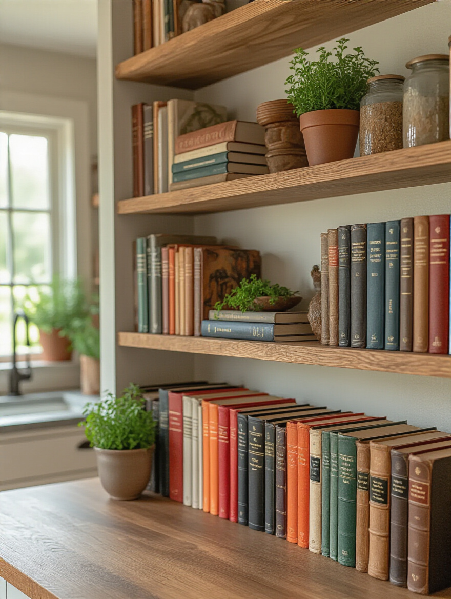 Portrait image of a modern kitchen shelf displaying colorful cherished cookbooks with decorative accents