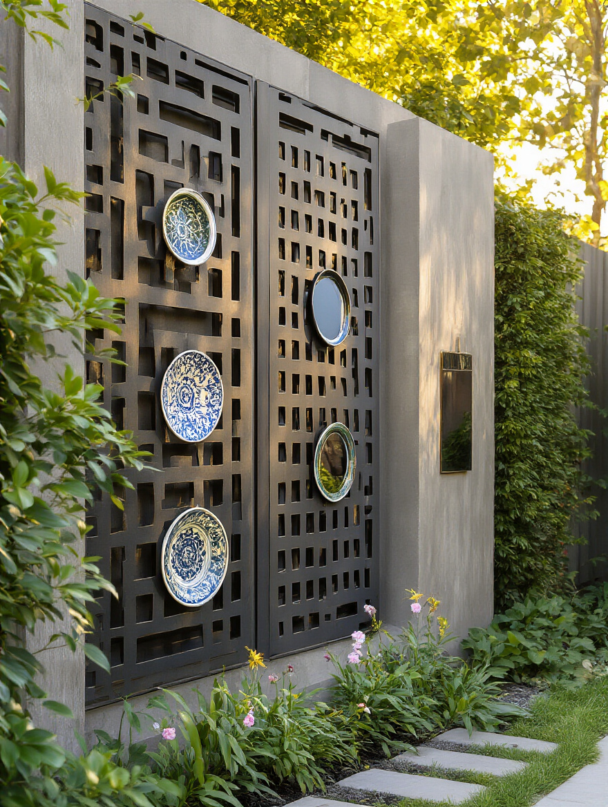 Portrait view of a backyard wall with vertical outdoor wall art panels illuminated by warm sunset light.