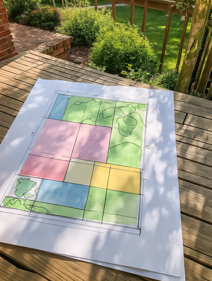 Portrait photo of a backyard zoning sketch on a wooden table, color-coded zones for dining, lounge, and play, natural daylight