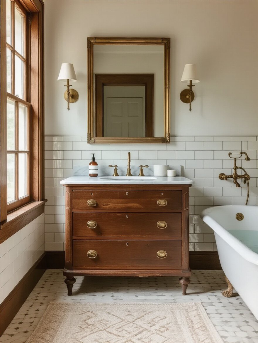 Portrait of a vintage bathroom featuring a repurposed antique dresser vanity with marble top, brass hardware, and warm wood tones; no people or text.