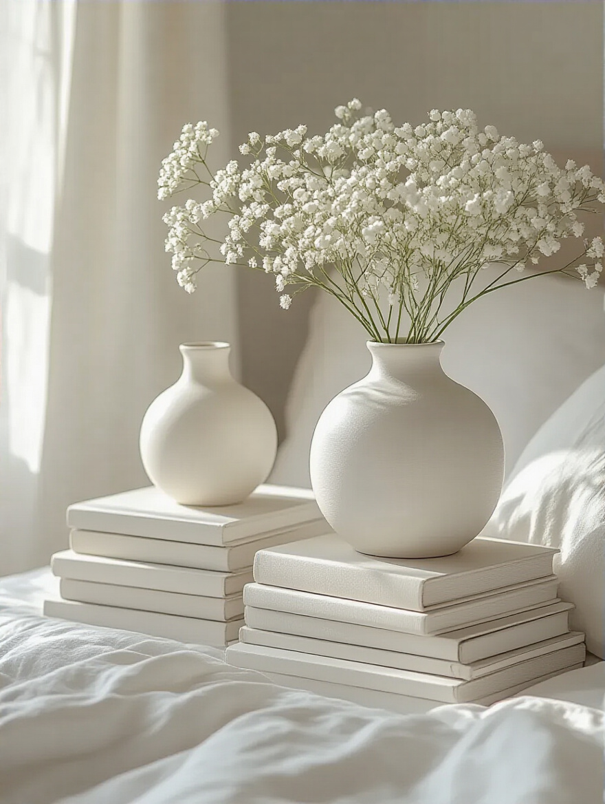 Stacked white books and white decor on a nightstand in a white bedroom with soft natural lighting