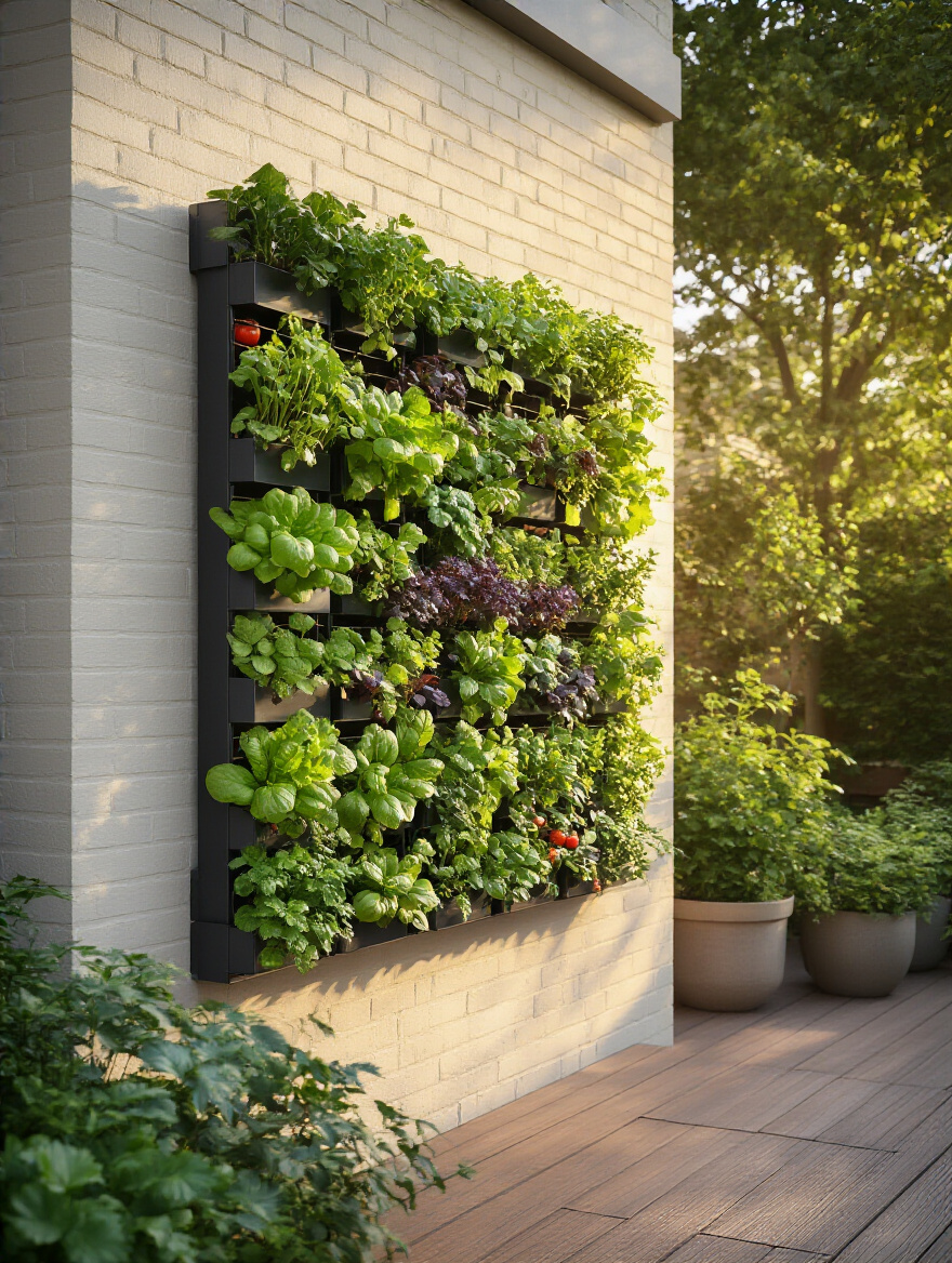 Portrait of a wall-mounted vertical garden in a sunlit backyard with herbs and greens.