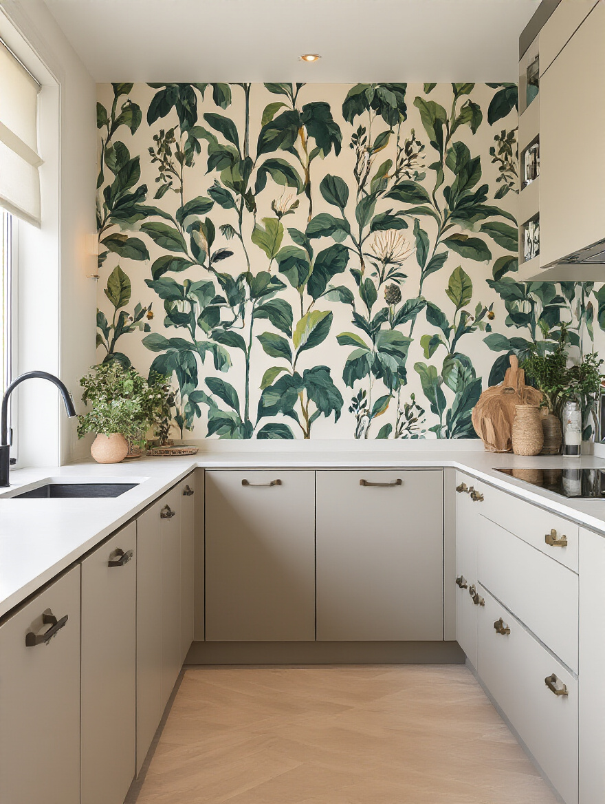 Modern kitchen with bold botanical accent wall wallpaper in a compact space, highlighting strategic wallpaper placement
