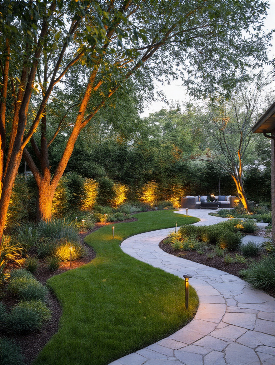 Vertical nightscape of a backyard with layered landscape lighting highlighting paths, trees, and seating areas.