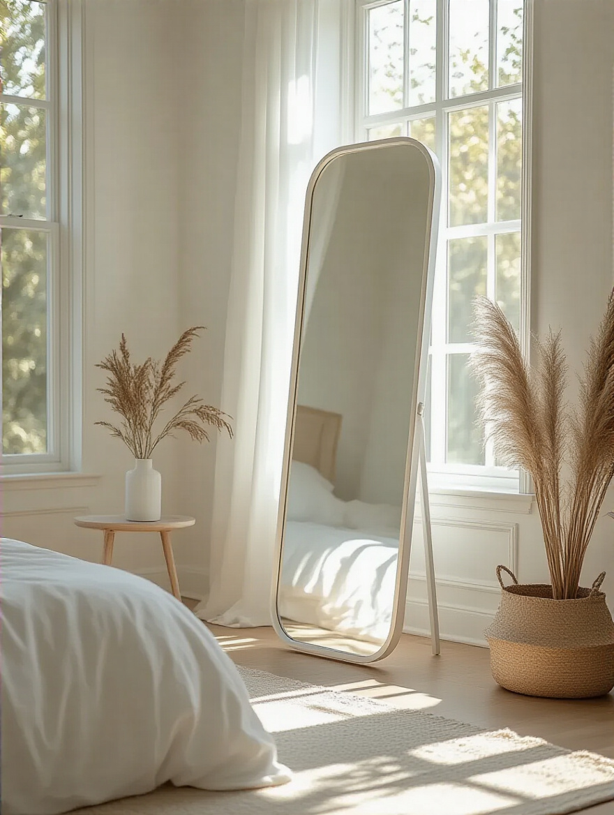White bedroom with a large full-length mirror opposite a window amplifying natural light and space
