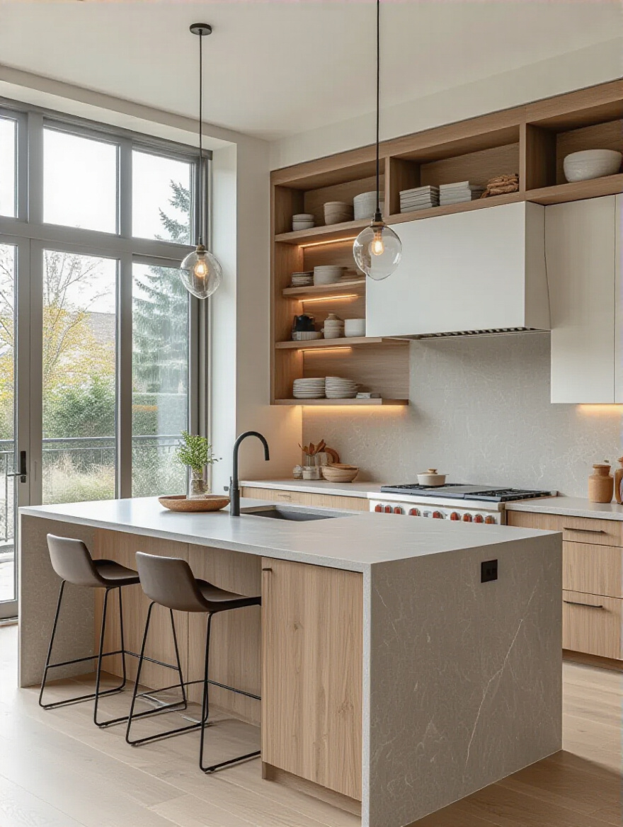 Modern kitchen portrait showing layout-driven material choices and seam planning on island and long counters