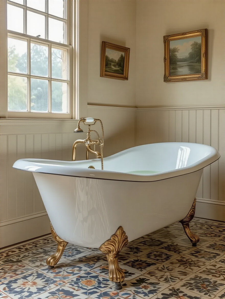 Vertical portrait of a restored vintage clawfoot tub in a warm, authentic bathroom vignette.