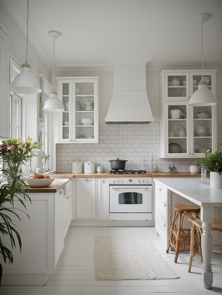 Close-up of a modern kitchen wall with geometric wallpaper being smoothed using a plastic wallpaper smoothing tool for bubble-free installation