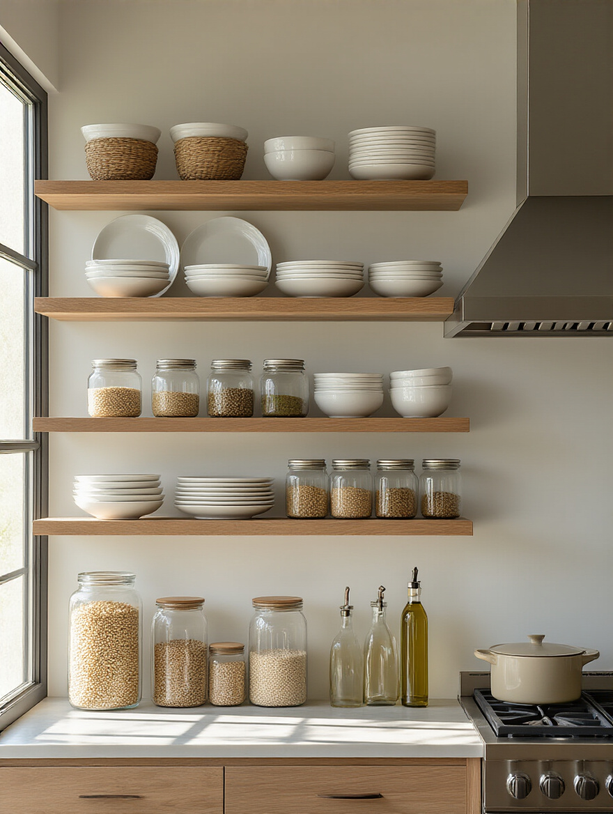 Symmetrical kitchen shelves with balanced white plates, glass jars, and olive oil dispensers creating a calm and orderly kitchen decor
