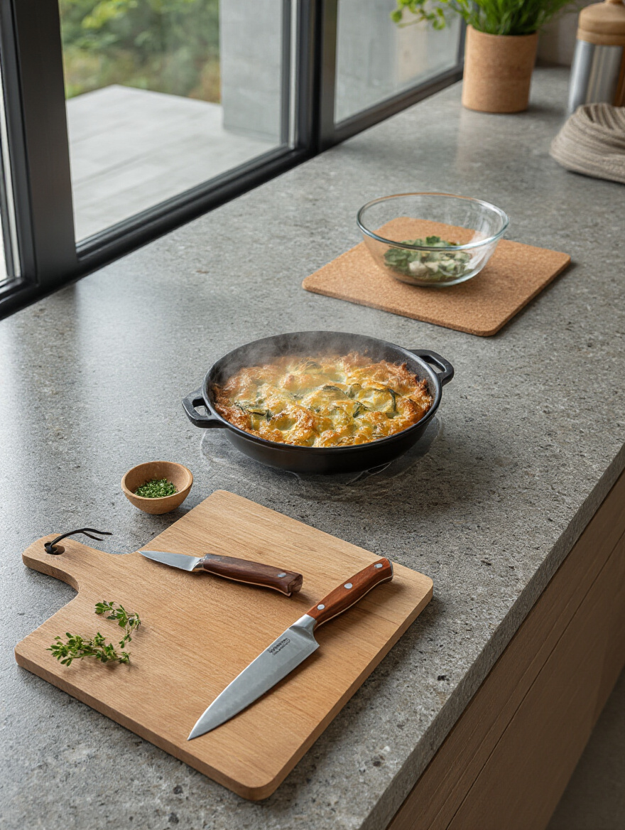 Vertical kitchen counter scene with a wooden cutting board, heat-safe trivets, and a hot dish protecting a quartz countertop.
