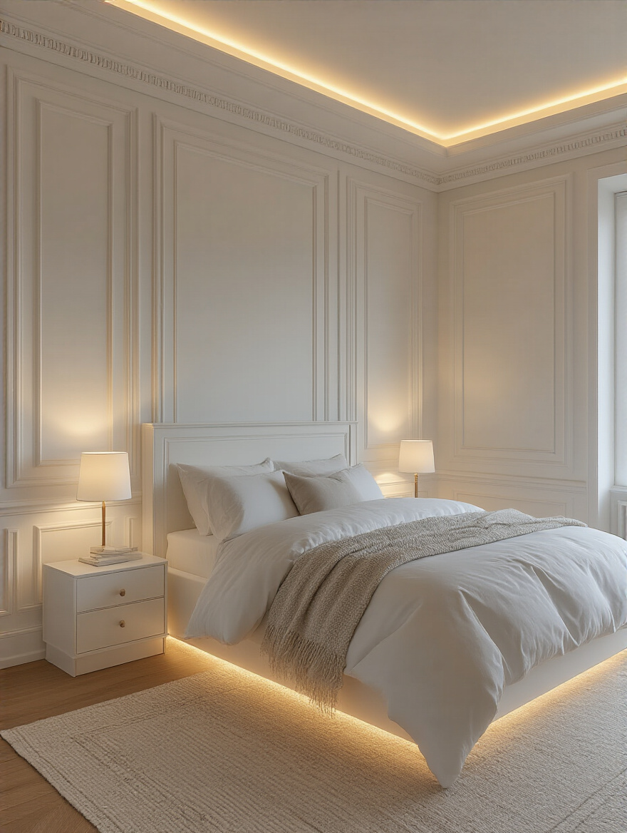 White bedroom with uplighting highlighting crown molding and coffered ceilings