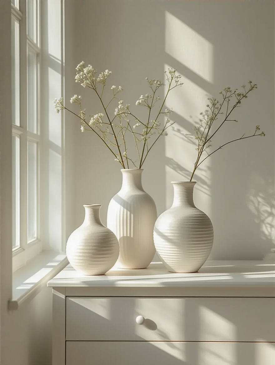 White bedroom corner featuring a curated group of white ceramic vases with varied textures and heights on a white dresser, illuminated by natural light
