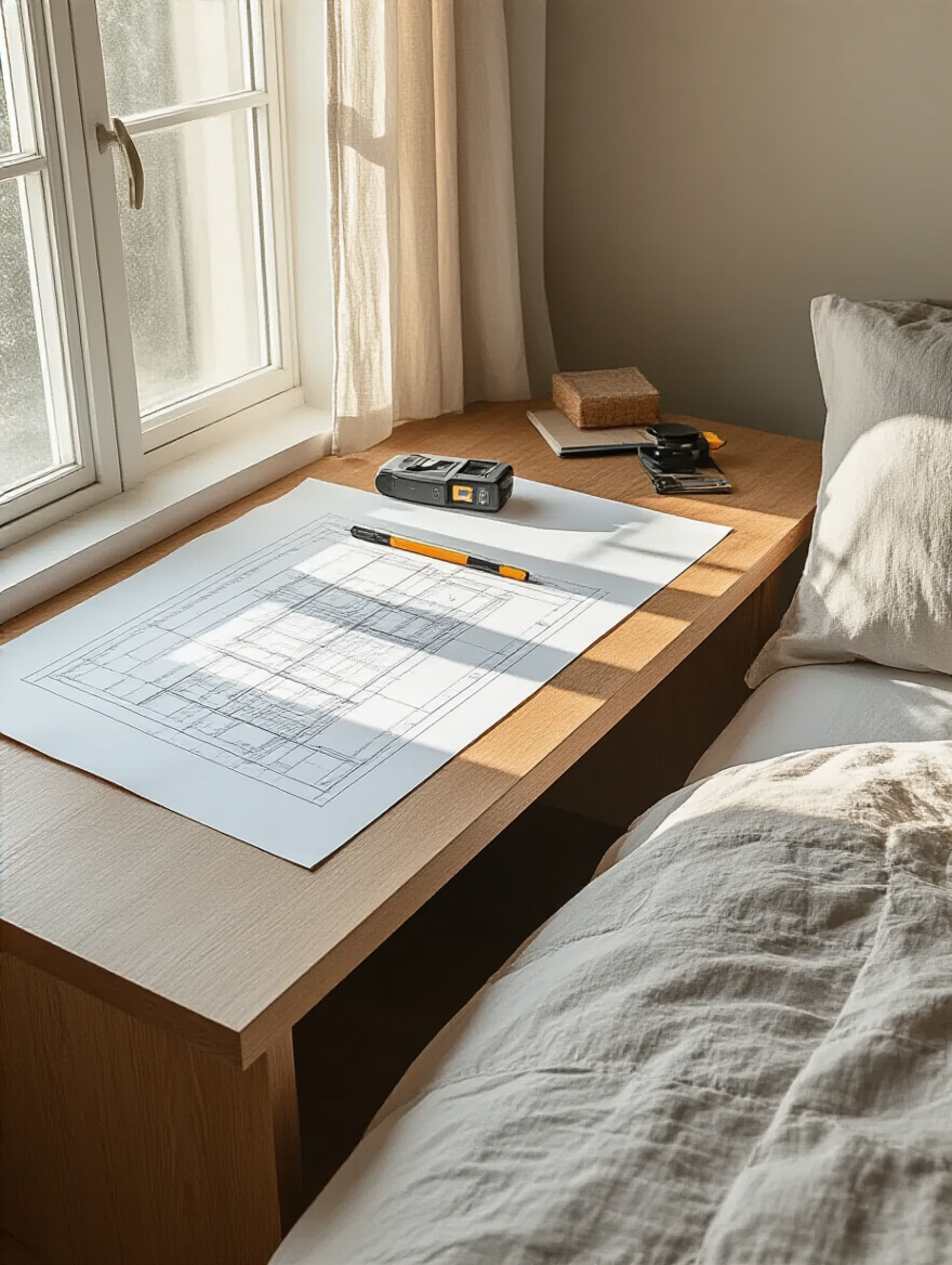 Portrait of a bedroom design workspace with blueprint and measurement tools