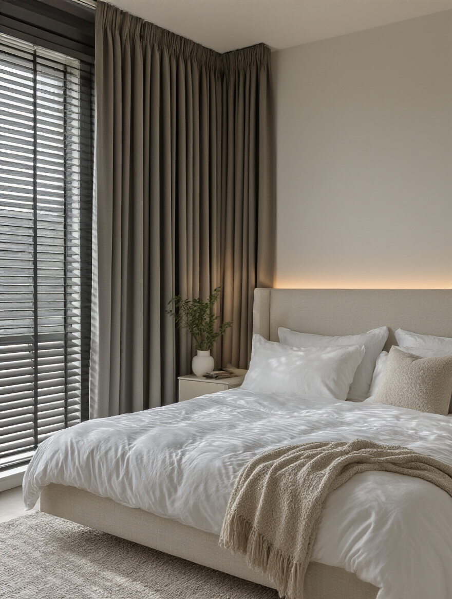Cozy blackout bedroom with blackout curtains and plush bed in portrait orientation