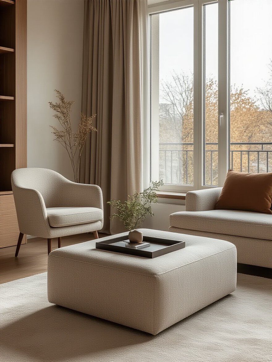 Modern apartment living room with a versatile upholstered ottoman functioning as a coffee table with a tray and an accent chair, showcasing flexible seating and surface space solutions.