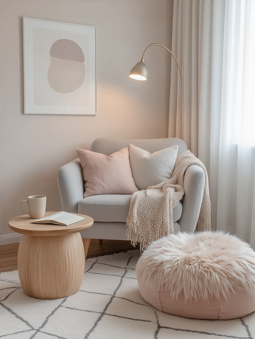 Teen girl's bedroom with plush armchair, bean bag, and warm lighting creating a comfortable seating area for relaxation or friends.