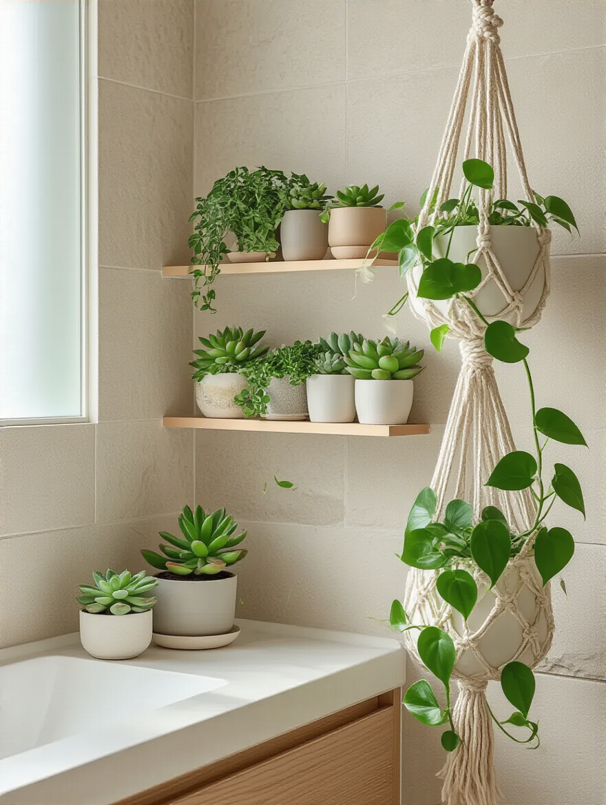 Petite plants in a small bathroom corner with wall planters and a hanging planter.