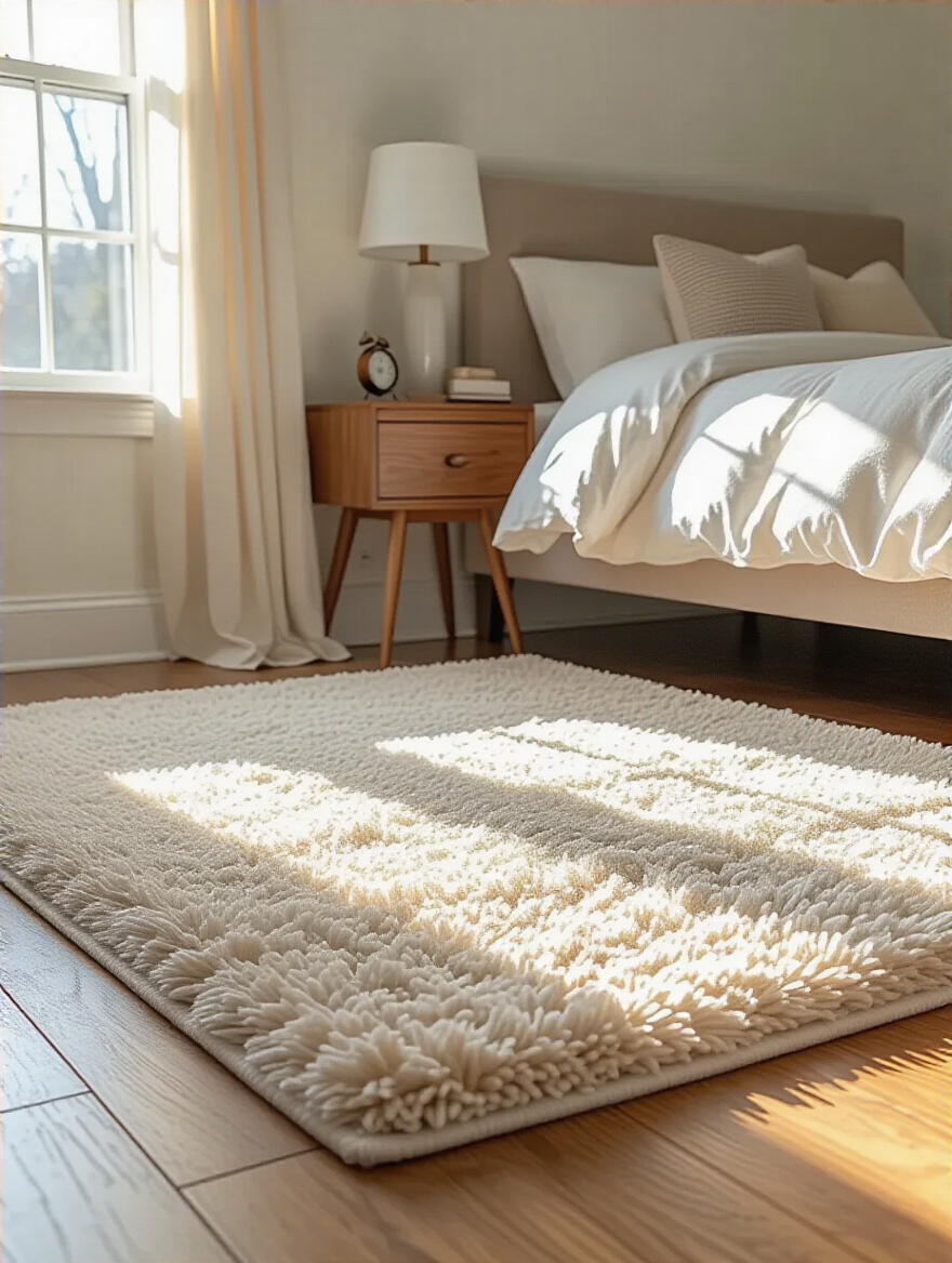 Portrait view of a plush area rug in a cozy bedroom