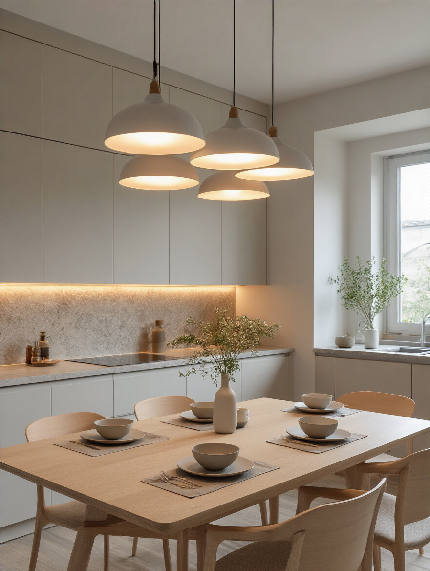 Portrait view of layered kitchen table lighting above a modern dining setup