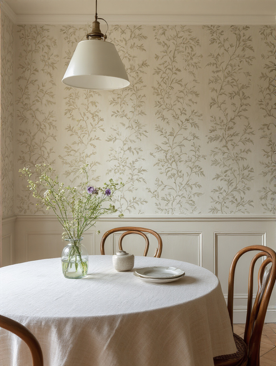 Portrait view of dining room wallpaper repair on a neutral wall