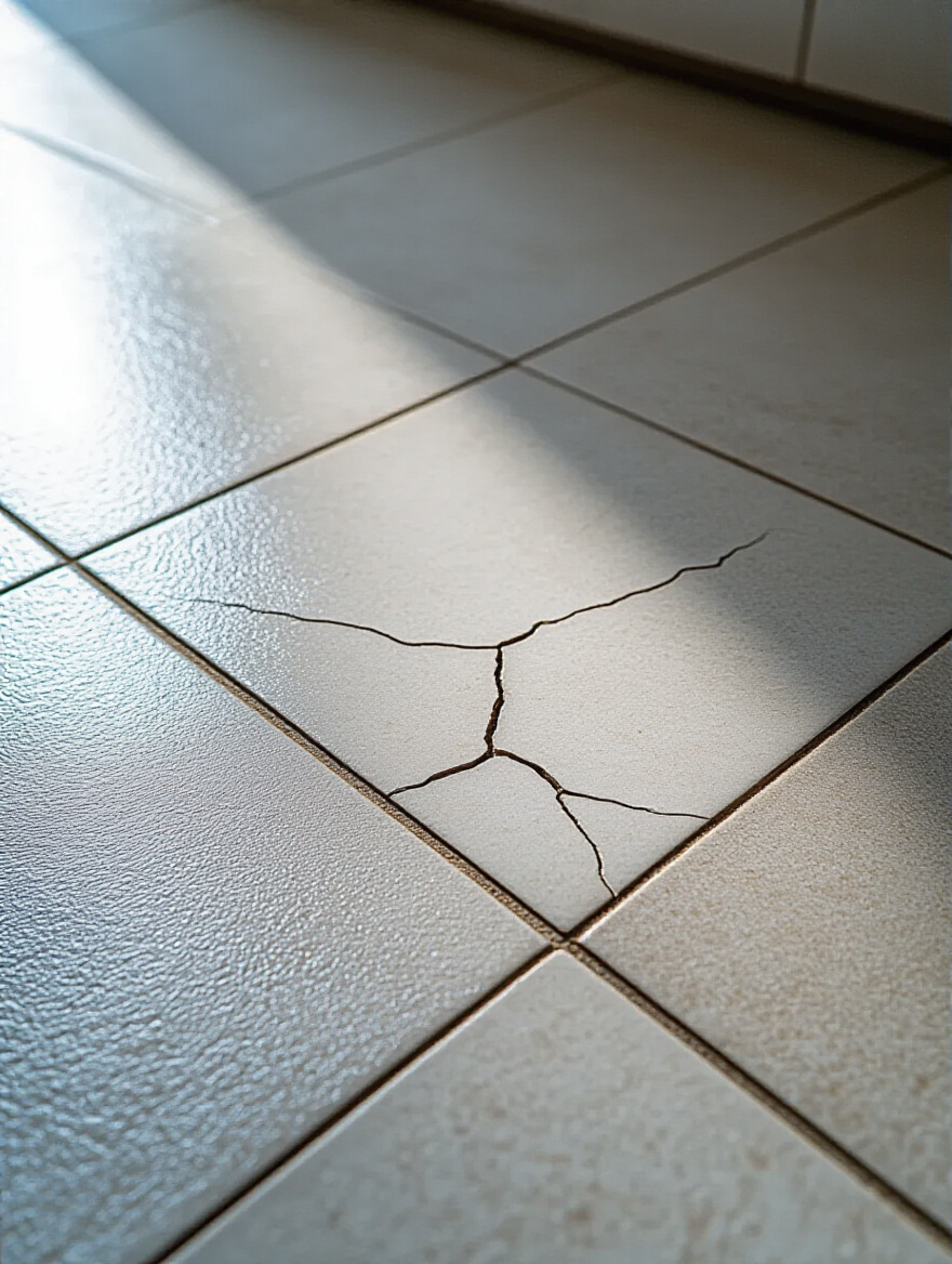 Close-up of cracked white bathroom floor tile and a loose adjacent tile, highlighting the importance of addressing cracked and loose tiles promptly for bathroom safety.
