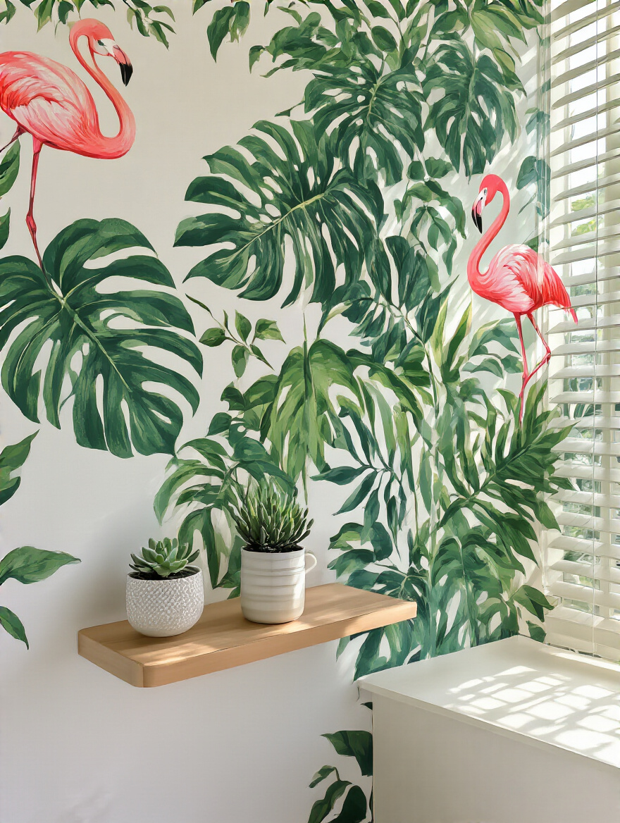A teen girl's bedroom wall with a vibrant removable botanical wallpaper featuring green leaves and pink flamingos, a minimalist floating shelf, and soft lighting.