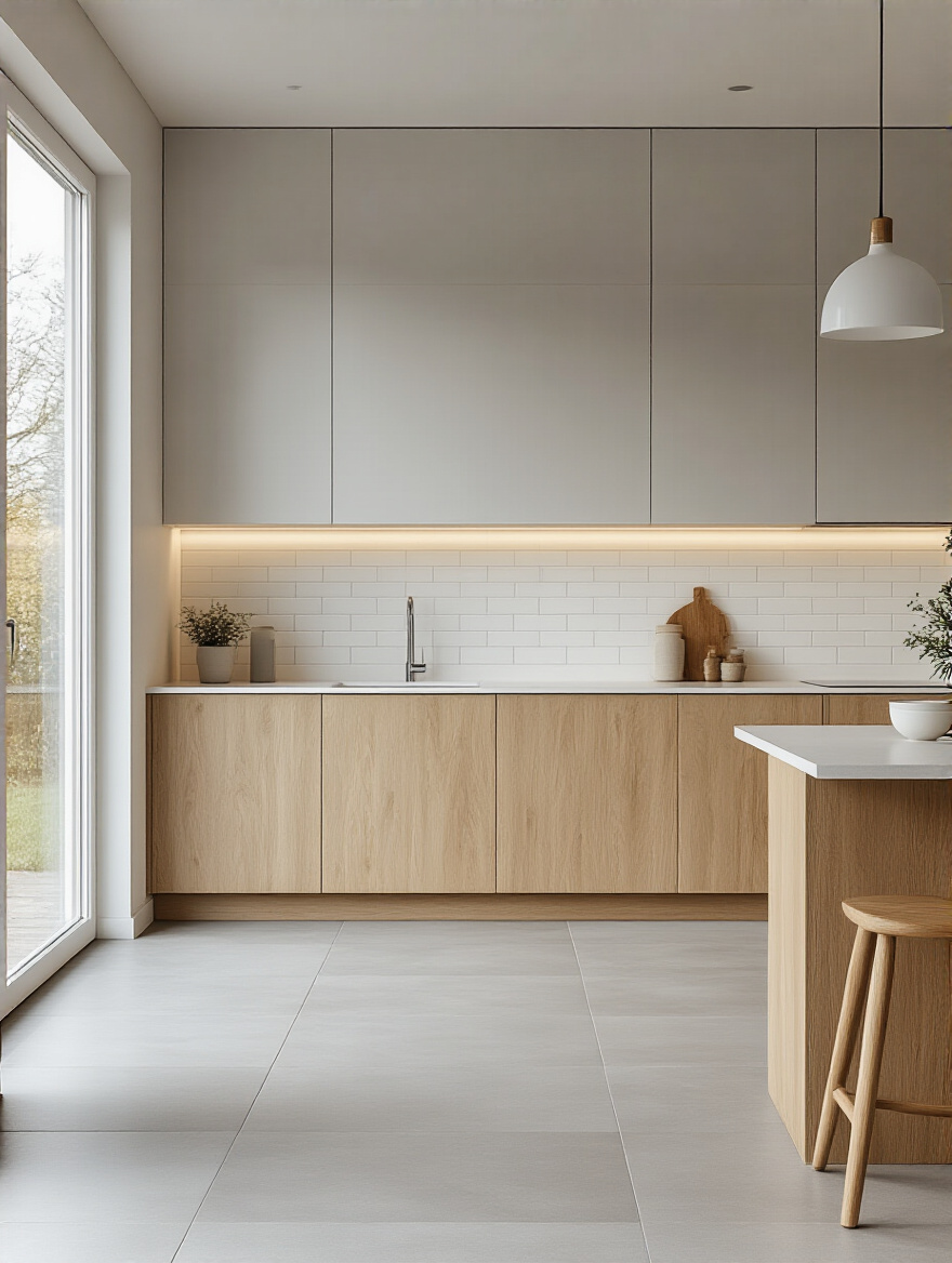 Scandinavian kitchen with light gray floor tiles and white subway backsplash, perfectly aligned with light wood cabinets and white countertops, showcasing cohesive kitchen tile style and aesthetic alignment.