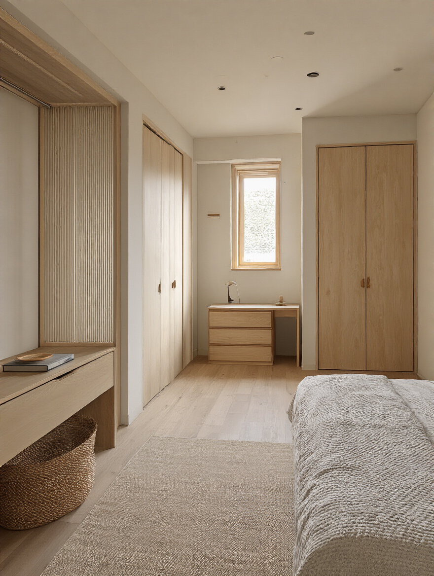 Vertical portrait of a small bedroom showing a clear traffic path from bed to door
