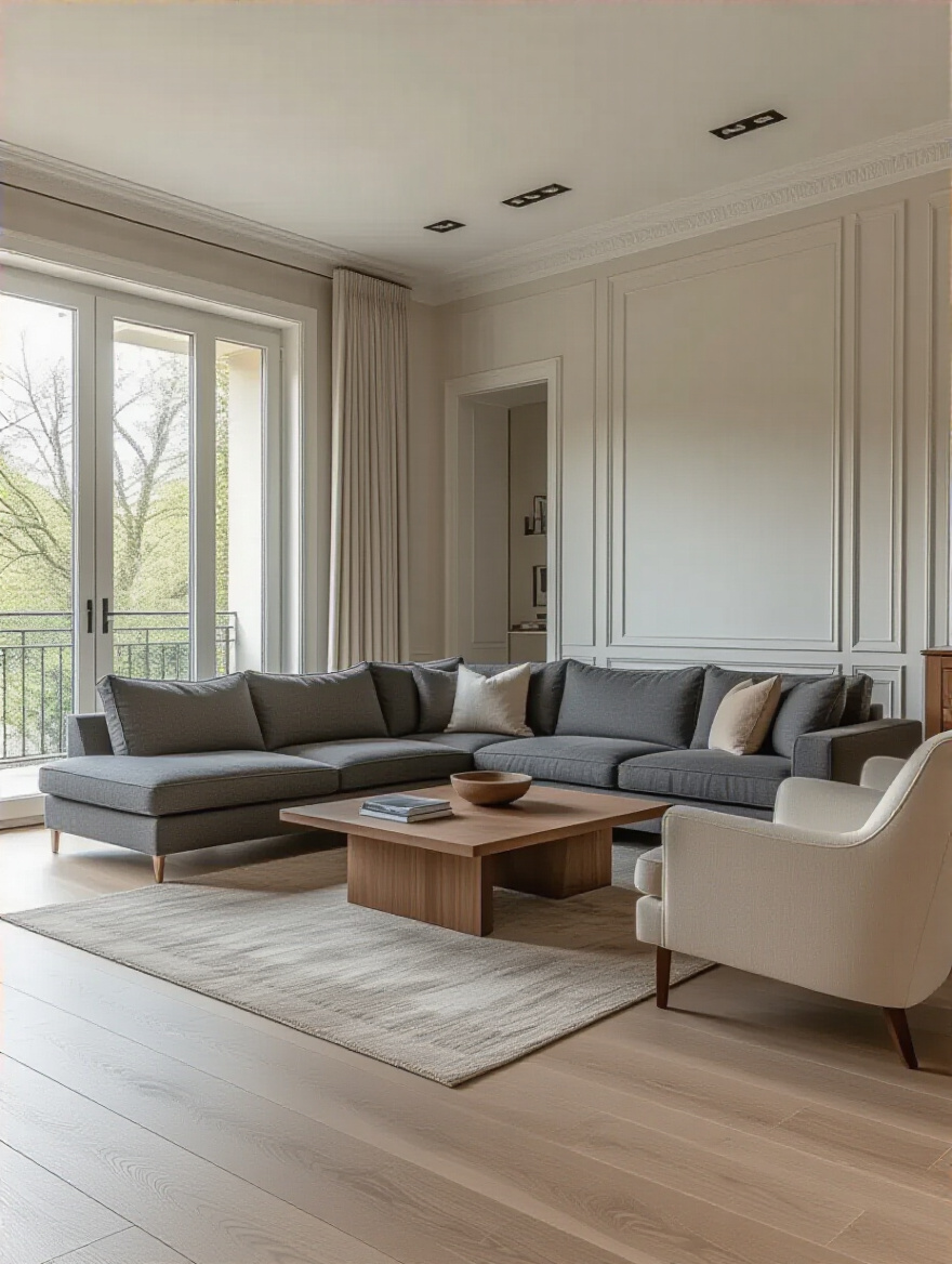 A large modern grey sectional sofa anchored against a wall in a living room, with a round coffee table and two accent chairs arranged around it, illustrating a primary furniture layout.