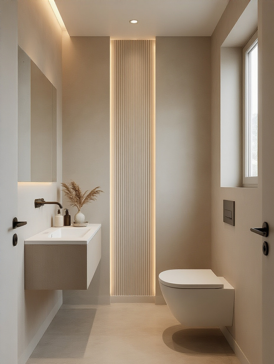 Vertical wall decals drawing the eye upward in a small bathroom