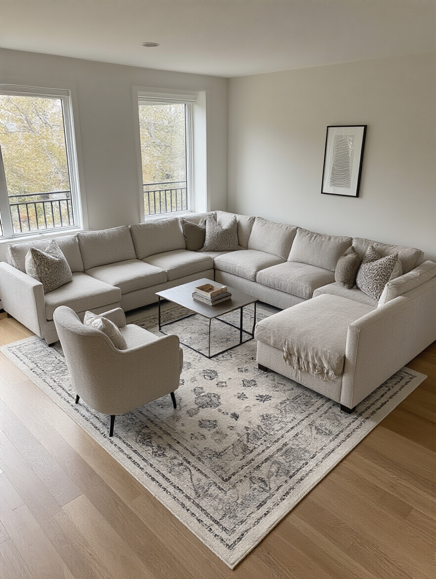 Thoughtfully arranged apartment living room with an L-shaped sofa and armchairs creating a cozy conversation zone around a coffee table.