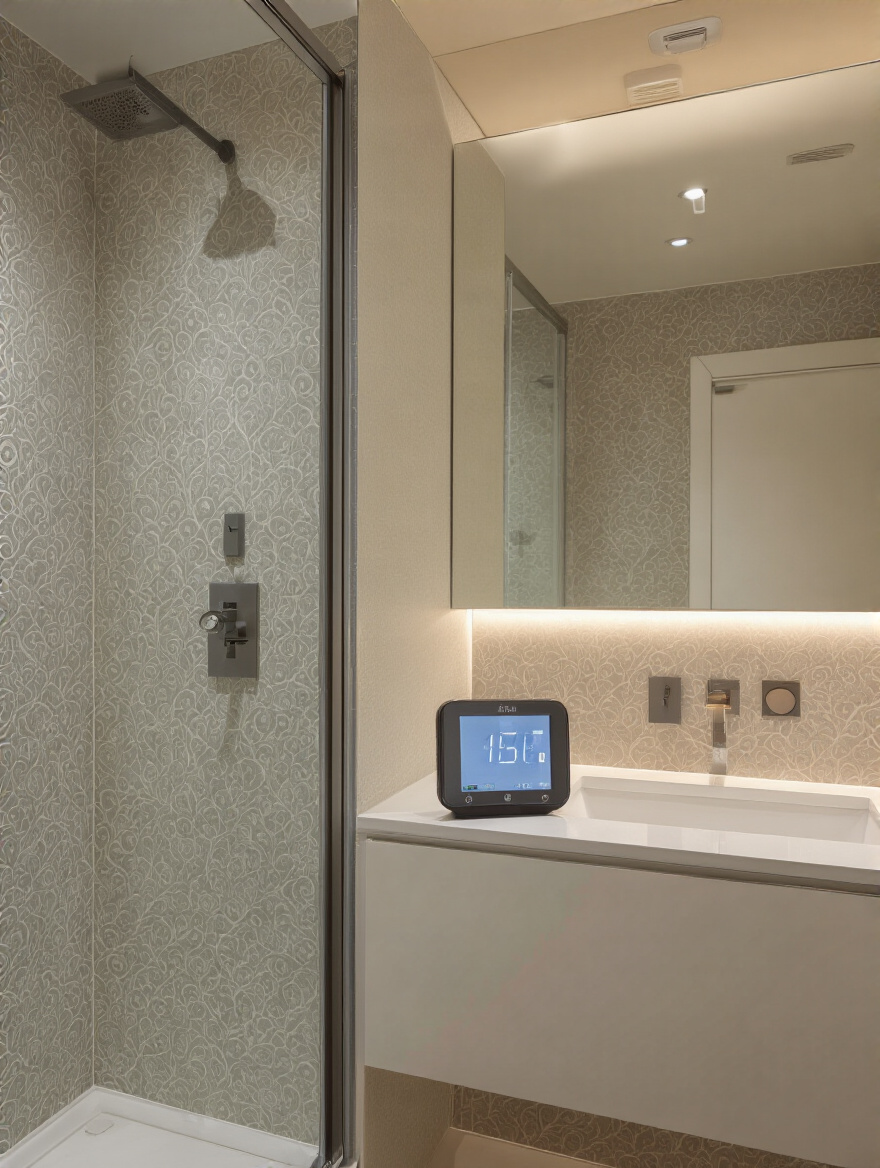 Portrait of a modern bathroom showing wallpaper, humidity monitor, and vent