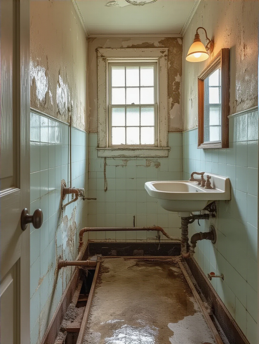 Portrait view of a vintage bathroom under assessment showing structural and plumbing details.