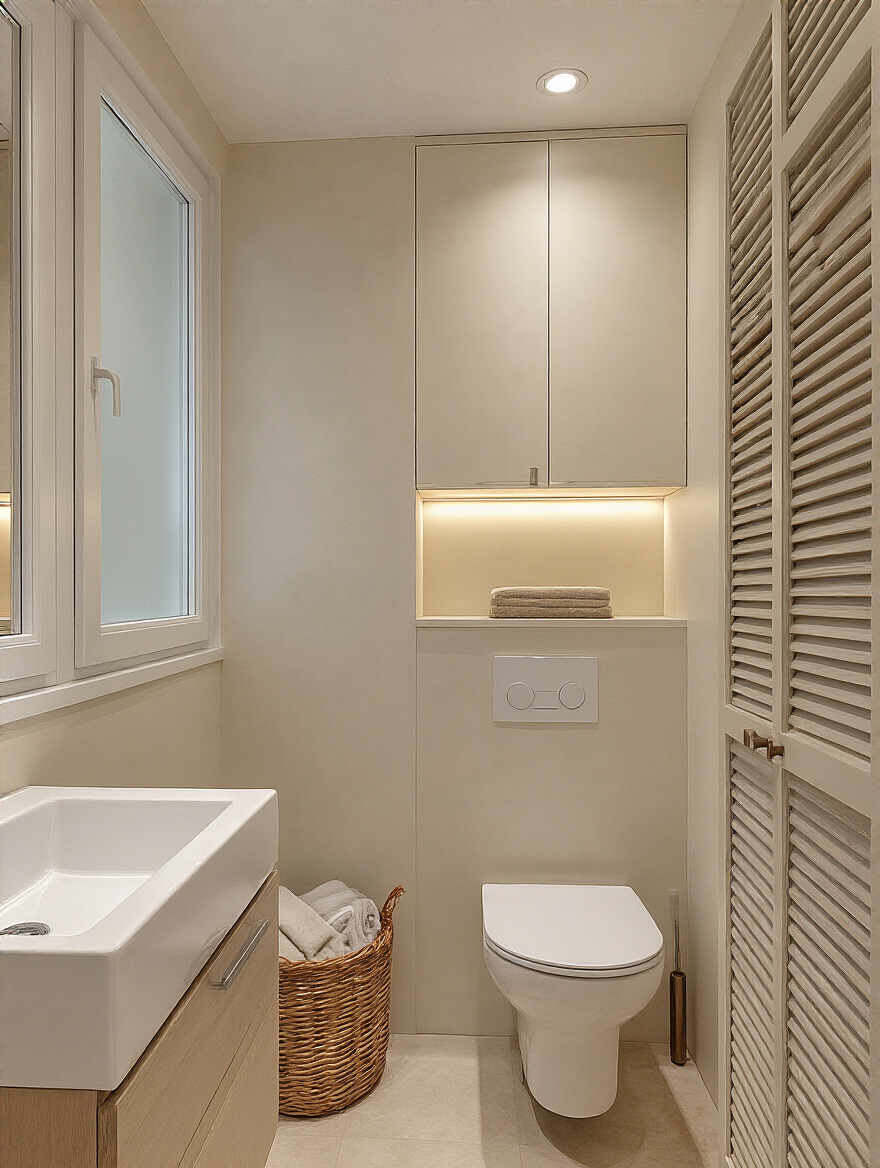 Portrait of a compact bathroom layout showing potential hidden storage above the toilet