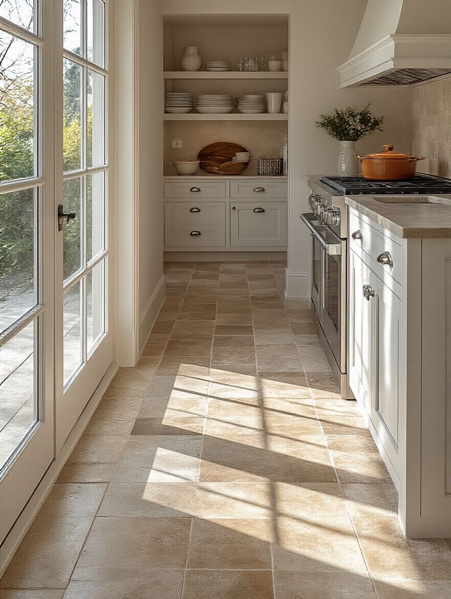A modern kitchen floor plan from an overhead perspective, subtly illustrating high and low traffic zones to help assess tile durability needs.