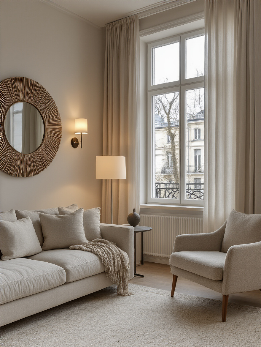 Apartment living room bathed in natural light and featuring layered supplemental lighting with floor lamps, table lamps, and sconces, illustrating strategic light planning.