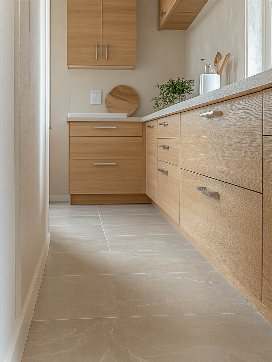 An interior view of a pristine kitchen, showcasing warm wooden cabinets, light beige walls, and grey floor tiles, illustrating the assessment of a kitchen's existing color palette for countertop selection.