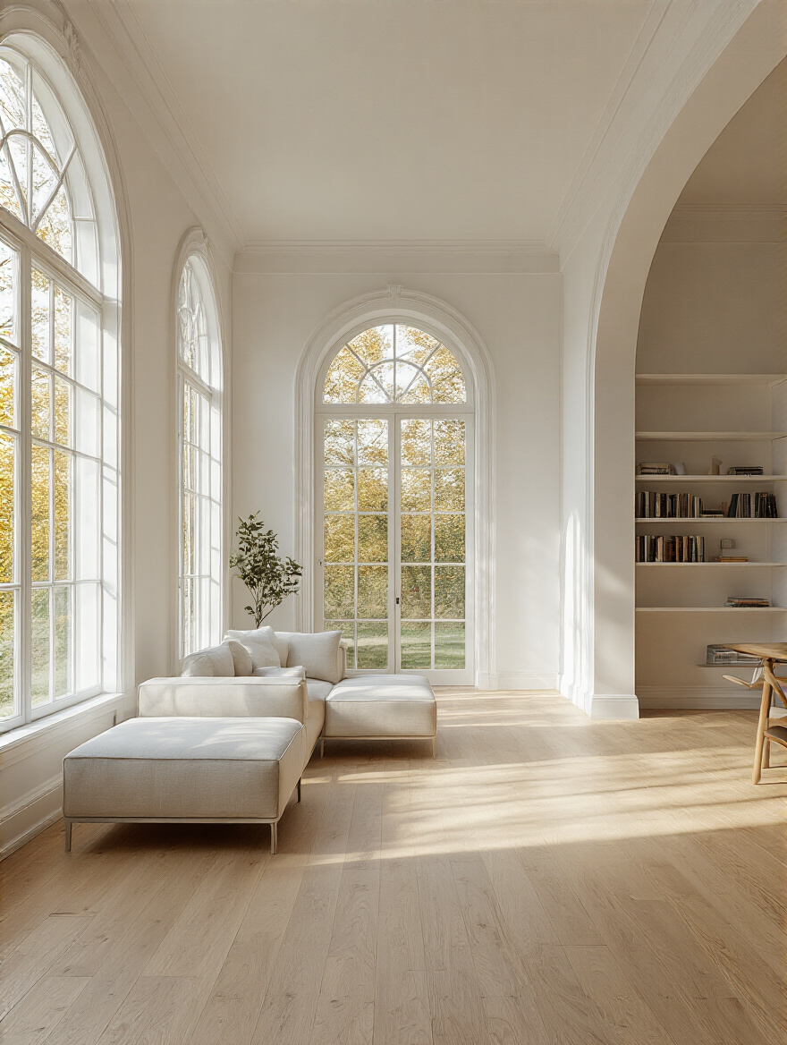 An illustration of an empty modern living room with light grid lines on the floor, symbolizing room dimension assessment and furniture layout planning.