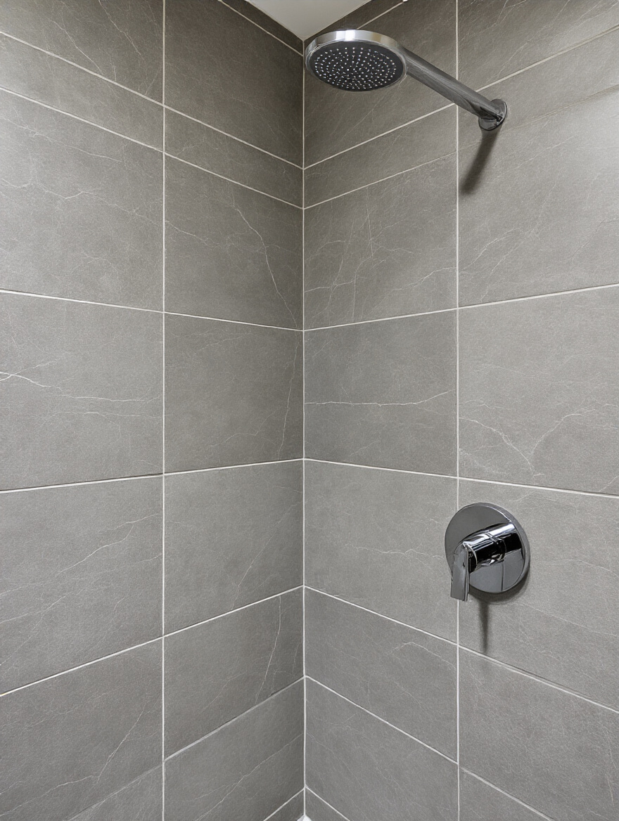 A perfectly installed, modern bathroom shower wall with large format tiles and consistent grout lines, symbolizing successful Bathroom Tile Installation and the avoidance of common installation mistakes.